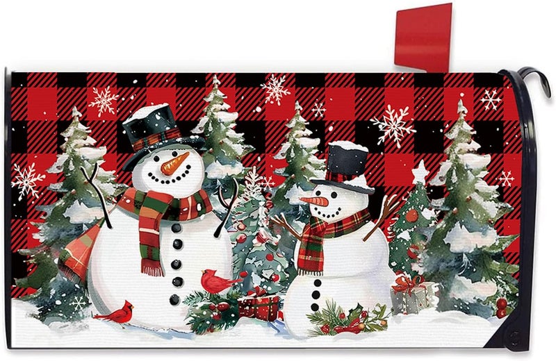 FBCOO Christmas Snowman Mailbox Cover Magnetic Standard Size 20.5" x 18", Xmas Tree Buffalo Plaid Cardinal Decorative Post Letter Box Wrap Decor, Winter Holiday Garden Yard Outdoor Decoration - Image 1